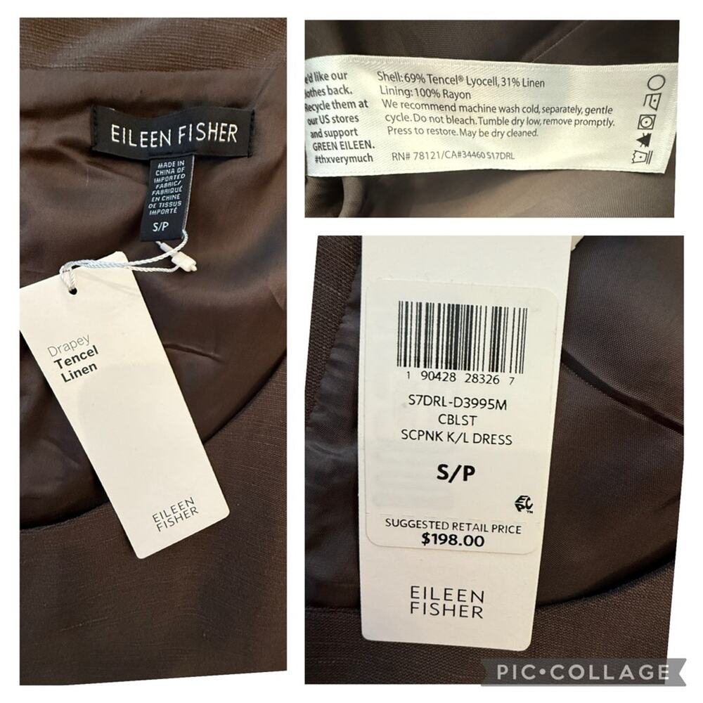 EILEEN FISHER Drapey Tencel Linen Scoop Neck Shift Dress Pockets Brown Small NEW - Picture 8 of 9